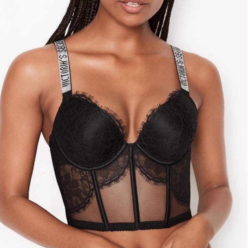 Victoria's Secret Black Corset Bra with Lace Overlay